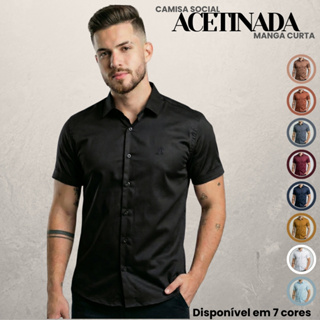 Camisa Social Masculina Manga Curta Malha Acetinada Slim Fibra de Bambu em Oferta na Shopee