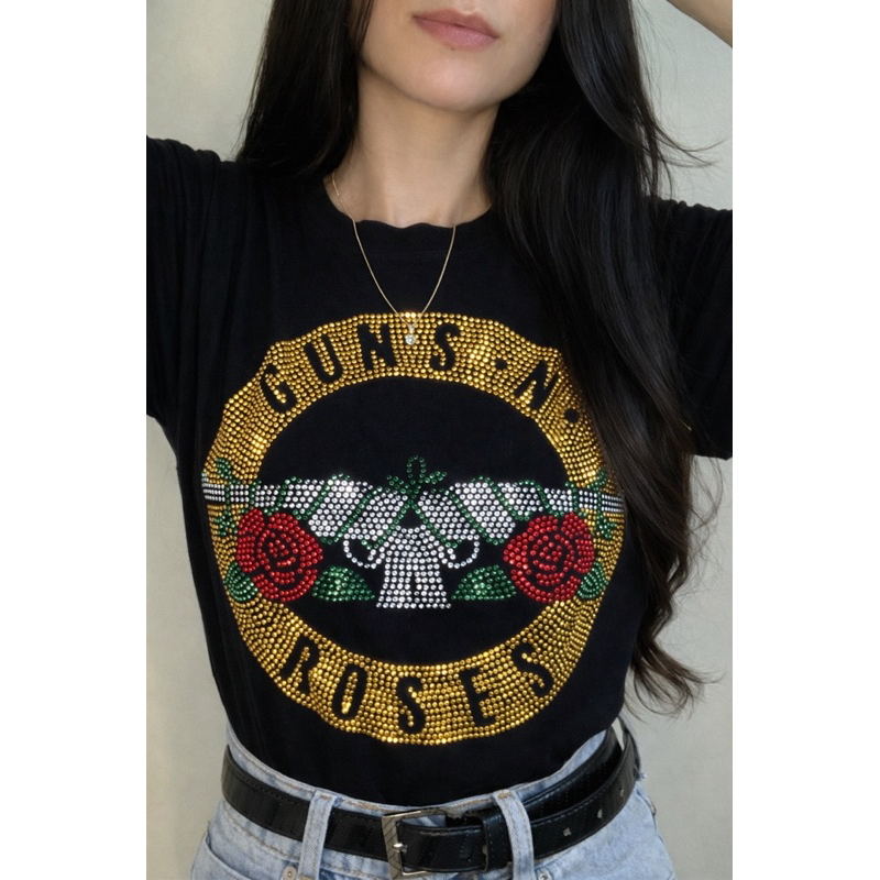 Blusa Feminina T-shirt estampa Guns N Roses em Pedraria Strass Brilhante em Oferta na Shopee