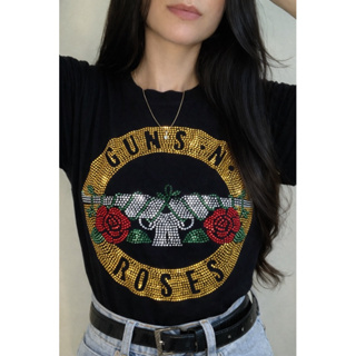 Blusa Feminina T-shirt estampa Guns N Roses em Pedraria Strass Brilhante em Oferta na Shopee