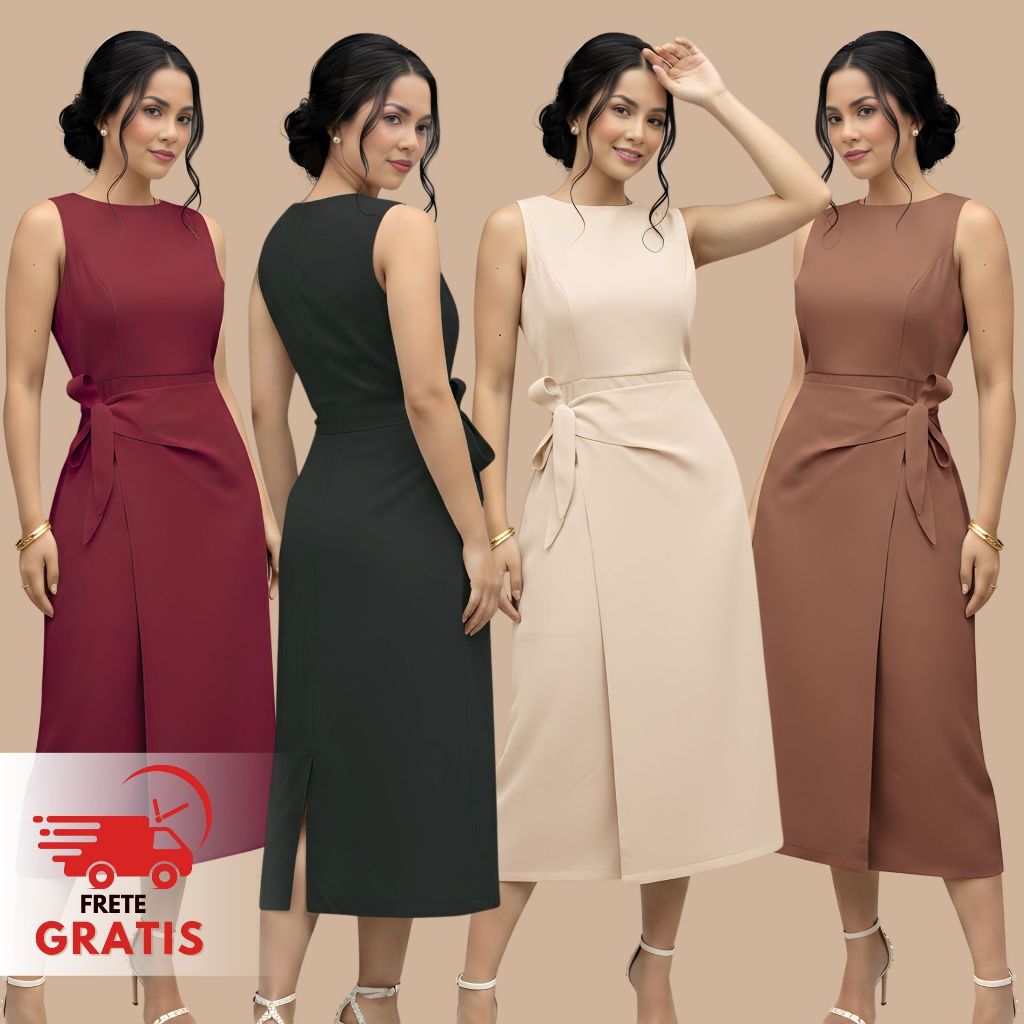 Vestido Feminino Midi Alfaiataria Elegante Social Amarração Lateral Moda Evangélica em Oferta na Shopee