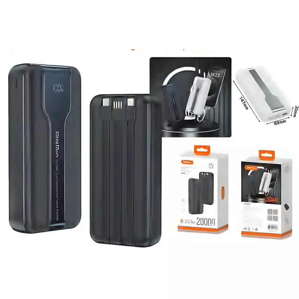 Power Bank 20000mAh Carregador Portátil Rápido 22.5W PD Cabos Integrados Display LED Universal em Oferta na Shopee