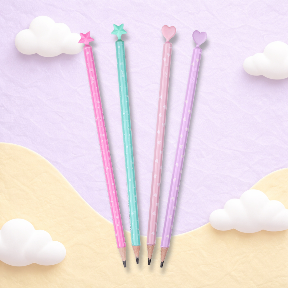 Kit Lápis HB Ponteira Estrela e Coração – 4 Unidades – BRW