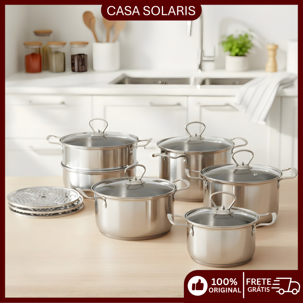 Jogo de Panelas 5 Peças Aço Inox com Tampa de Vidro Conjunto Kit Cozinha Restaurante em Oferta na Shopee