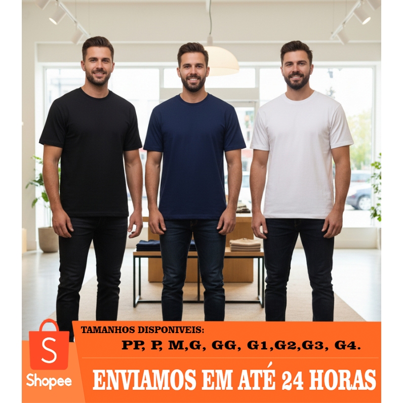 Kit 3 Camisetas Masculinas Básicas Algodão Preta Branca Azul Envio 24h