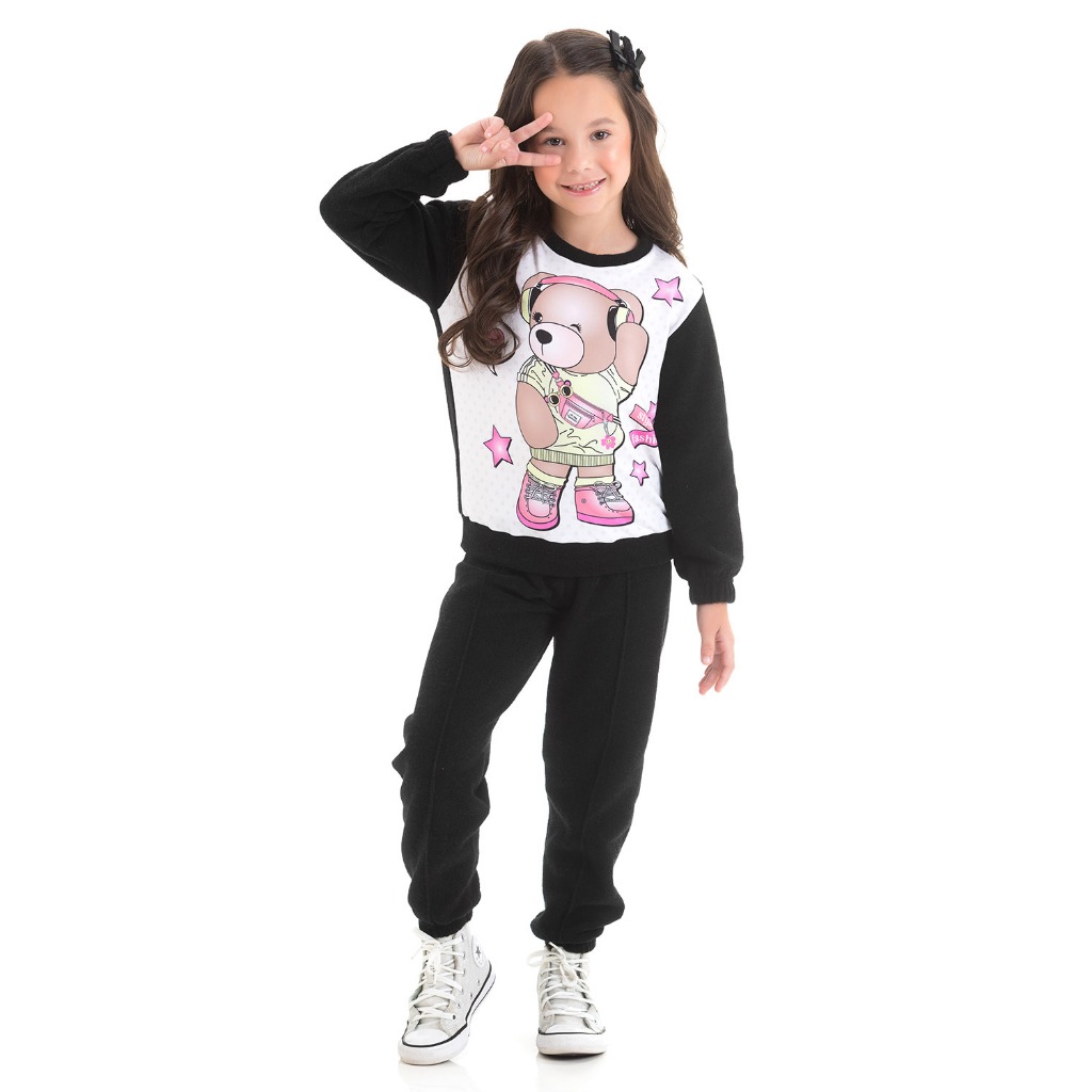 Conjunto Infantil Feminino Inverno Manga Longa Peluciado Menina 4 a 10 Anos Confortável Quente Casaco e Calça Com Punho