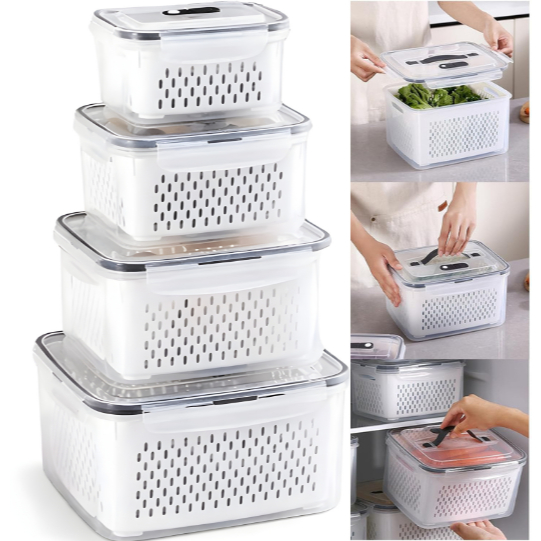 Kit 4 Potes Herméticos de Geladeira Transparente Com Trava E Cesto de Drenagem em Oferta na Shopee