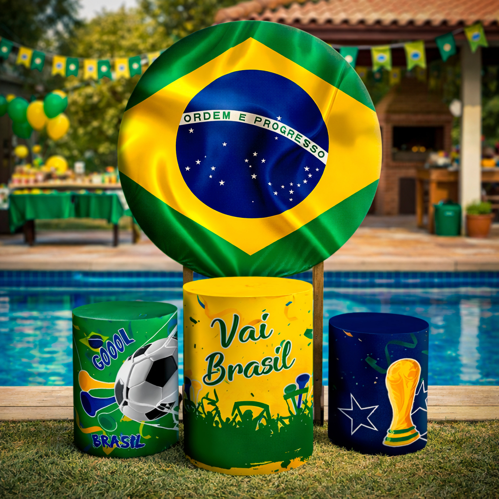 Painel de Festa Copa do Mundo Brasil + Trio Cilindros Futebol Copa do Mundo 2026 Promoção Hexa