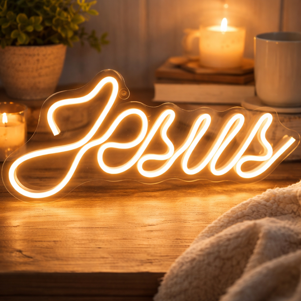 Luminária JESUS- Letreiro em Led Neon Letreiro Cristo Igreja Fé Quarto Oração 40cm
