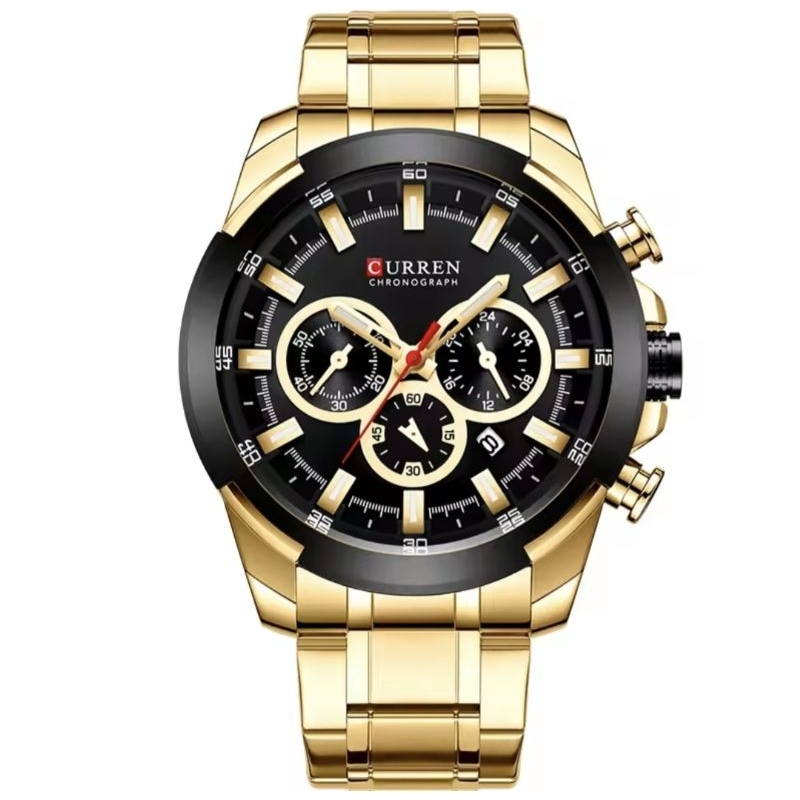 Relógio Masculino Curren Chronograph Dourado e Preto Em Aço Inoxidável Prova D'água