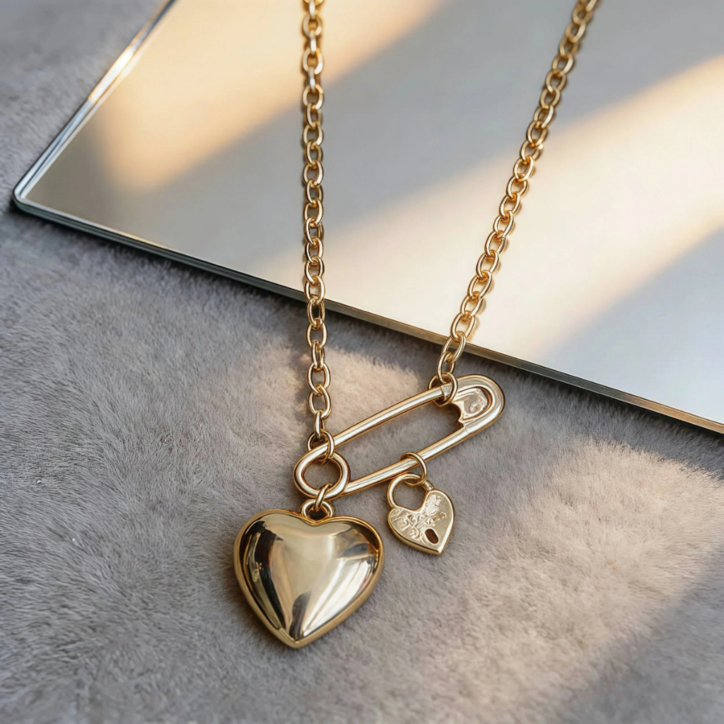SHE - Colar de Metal com Pingente de Coração e Alfinete - Acessório Grunge para Looks Urbanos