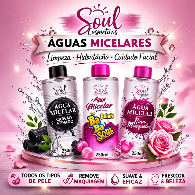 Água Micelar Soul cosméticos – 3 Variedades Poderosas: Rosa Mosqueta, Babasoul e Carvão Ativado