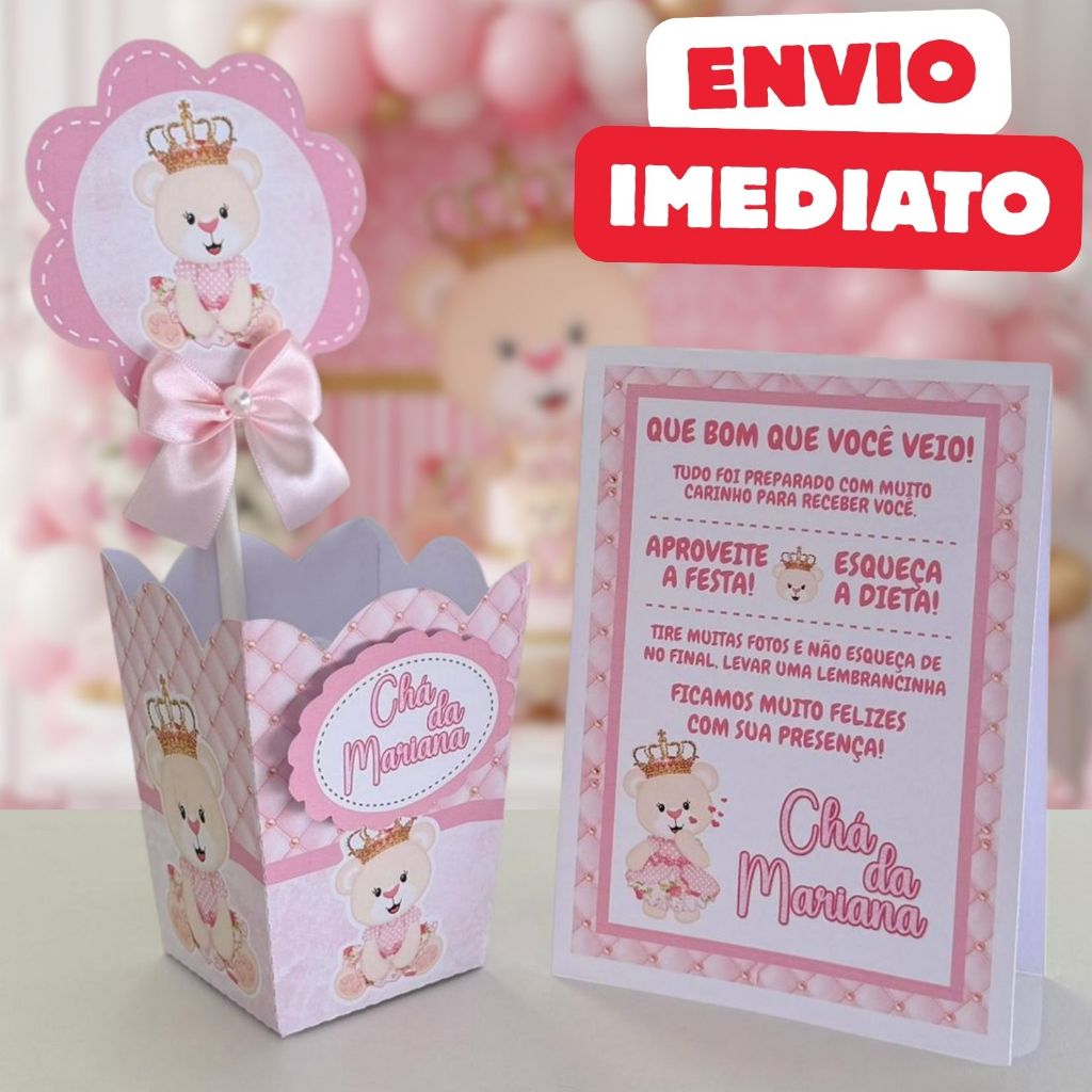 ENVIO RÁPIDO Kit Centro de mesa Chá de Bebê Ursinha Princesa Realeza | Personalizado Enfeite Cachepô