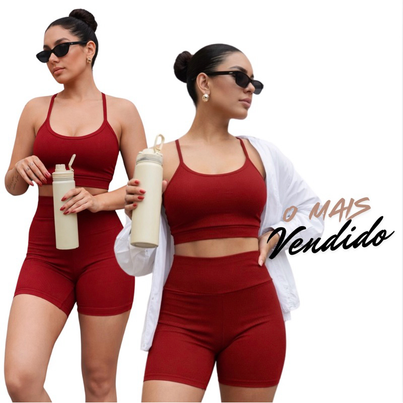Conjunto Academia Feminino Shorts com Forro Top Nadador Alça Fina Com bojo Tecido Anaruga Premium Zero Transparência