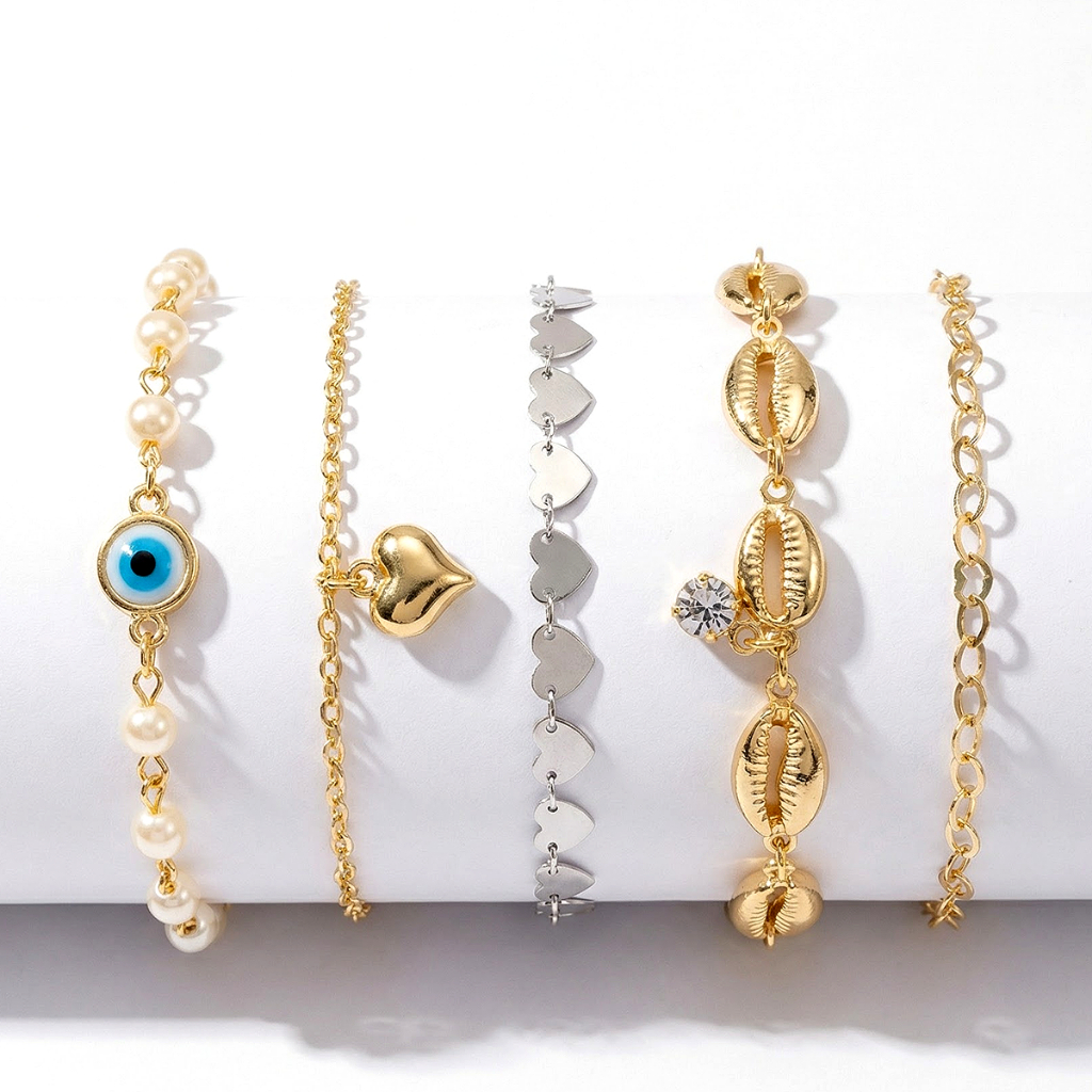 Kit Mix 05 Pulseiras Femininas Banhadas A Ouro 18k Pulseiras Semi Joia