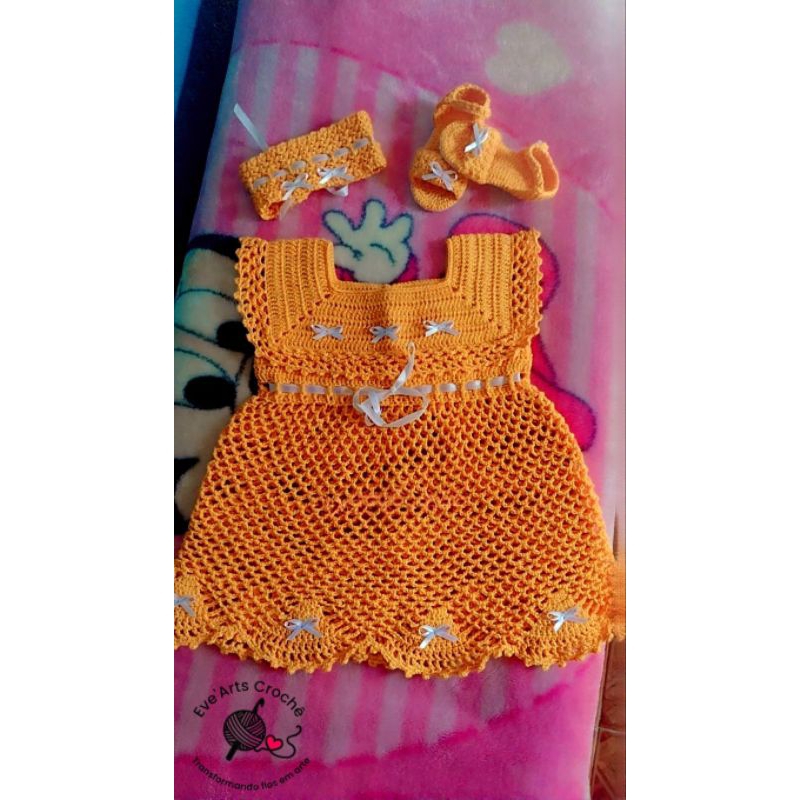 Kit Crochê Infantil Bebê Menina Vestido + Sandália + Faixa | Roupa Bebê Artesanal