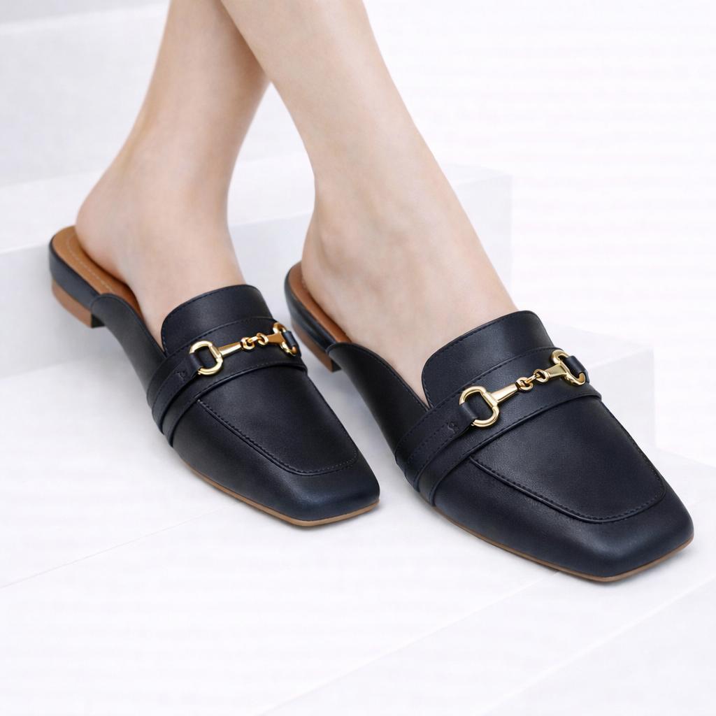 Mule sapato feminino quadrado  Muller corrente mocassim detalhe abs dourado  elegância tendencia