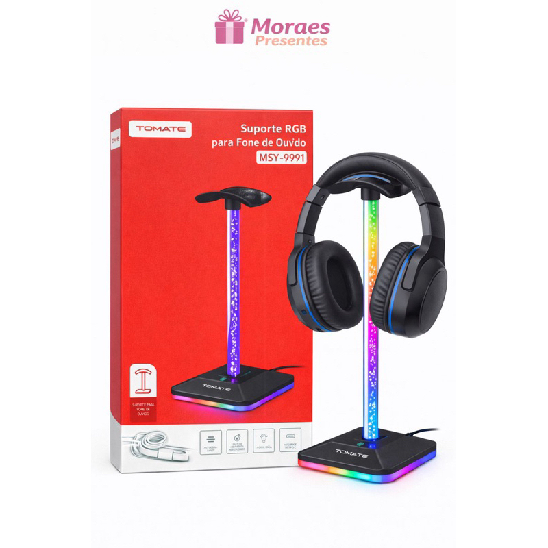 Suporte para fone com iluminação RGB, base antiderrapante e conexão USB para setup gamer moderno. c