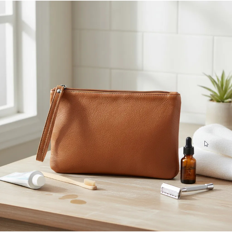 Necessaire em Couro Legitimo Pequena com alça de mão para maquiagem cosméticos produtos de higiene em Oferta na Shopee