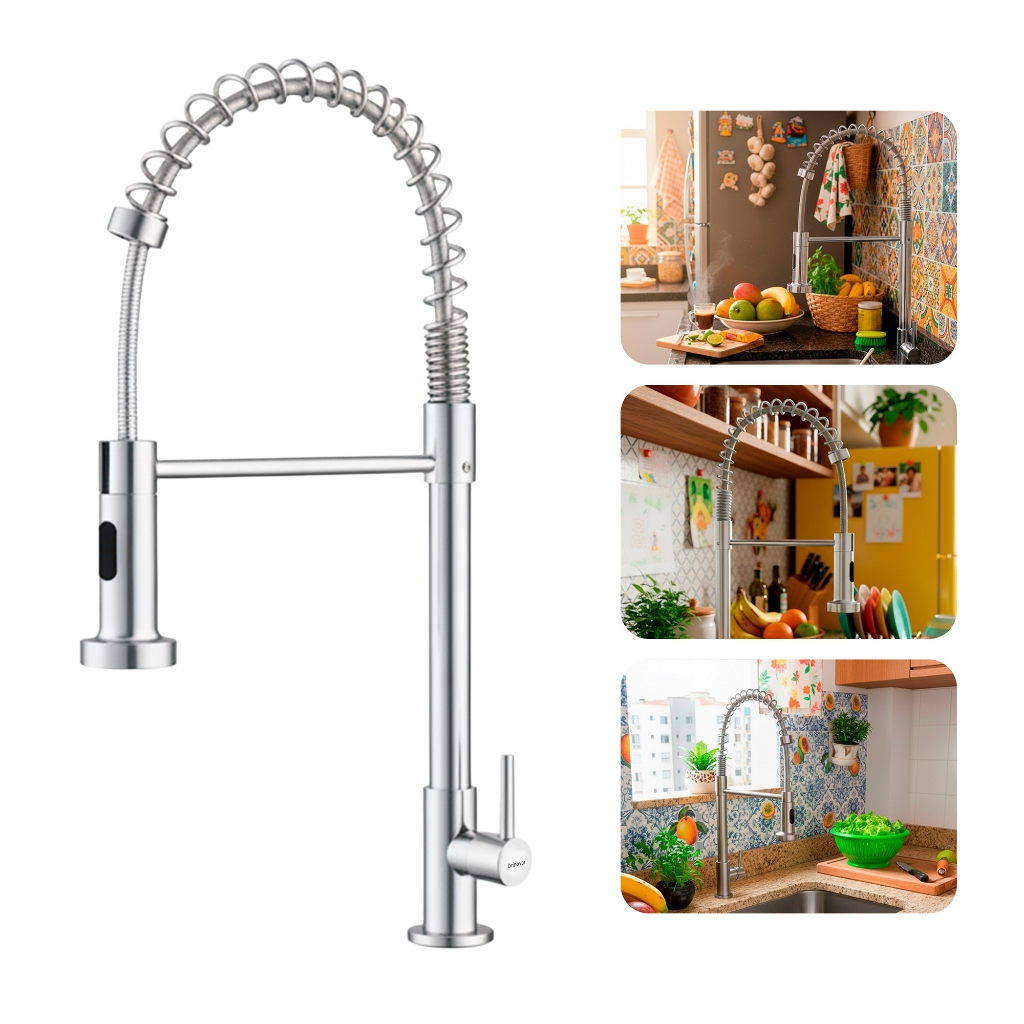 Torneira Gourmet 360° para Cozinha de Bancada de Água Fria Luxo Cromada Prata Aço Inox 304 Brinovar