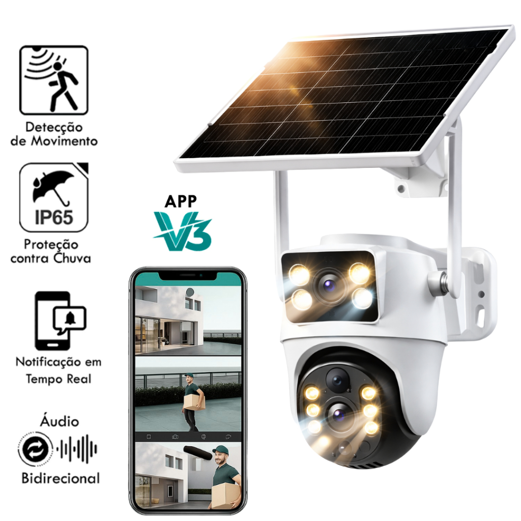 Câmera De Segurança Solar 4g Com Dupla Lente E Monitoramento Bp909