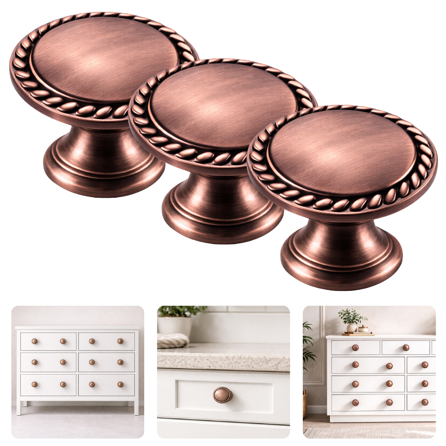 Kit Com 3 Puxadores Redondo Botão 29mm Elegante Cobre Envelhecido Escovado Móveis Gaveteiros