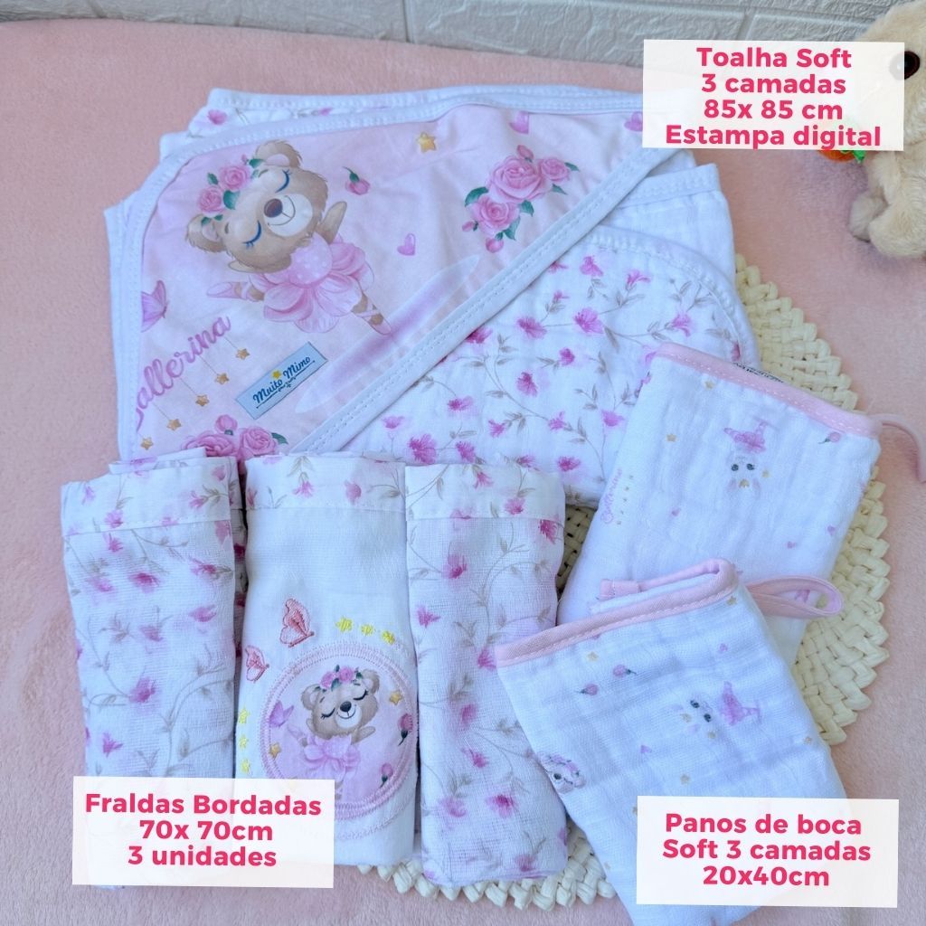 Toalha de banho bebe soft 3 camadas + 3 fralda bordadas + panos de boca soft com alça de chupeta em Oferta na Shopee