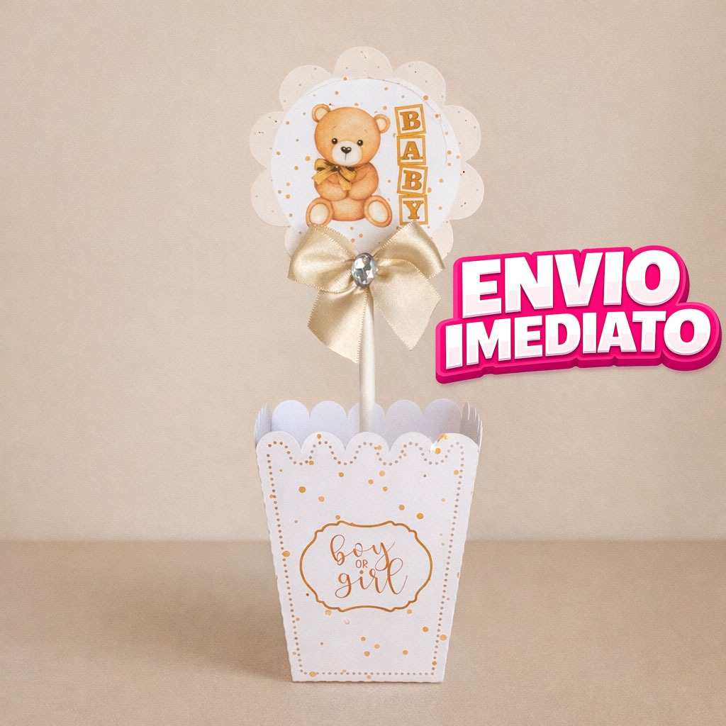 Envio Rápido - Centro de Mesa Enfeite Cachepot URSINHO Oh baby chá revelação Bege Dourado
