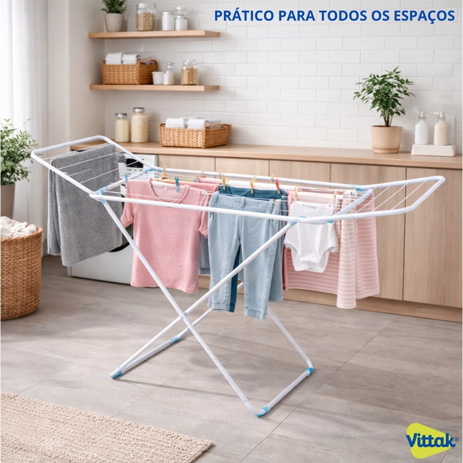 Vittak Varal De Chão Slim Reforçado Com Abas Dobráveis Branco – Portátil E Compacto