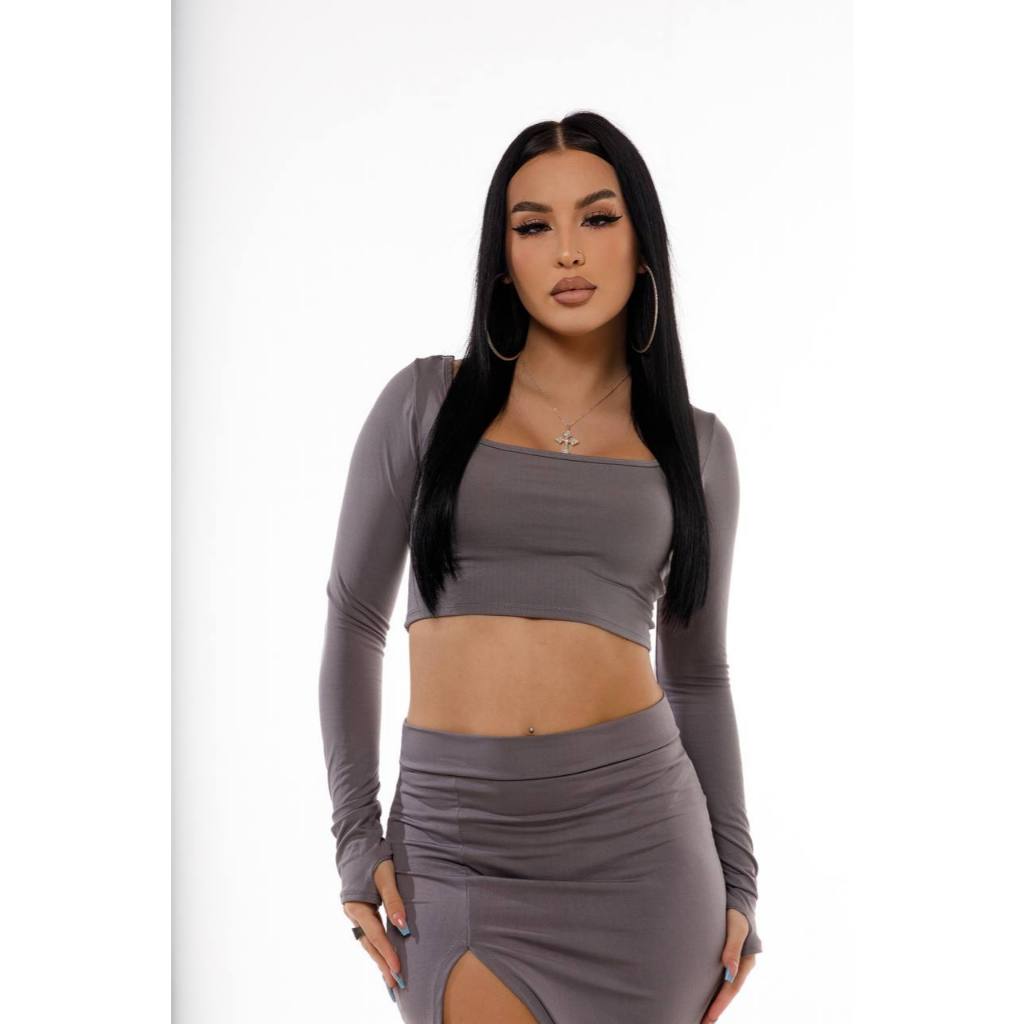 Cropped Feminino Manga Longa Justo Básico Cinza Escuro Elegante Moda Blogueira