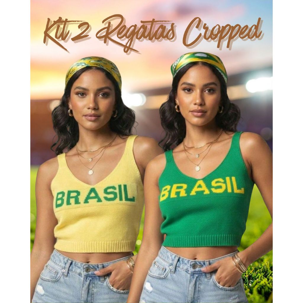 Kit 2 Regatas Cropped Brasil Feminino Blusinha Tricot Modal Decote U Alcinha Verão Carnaval Copa