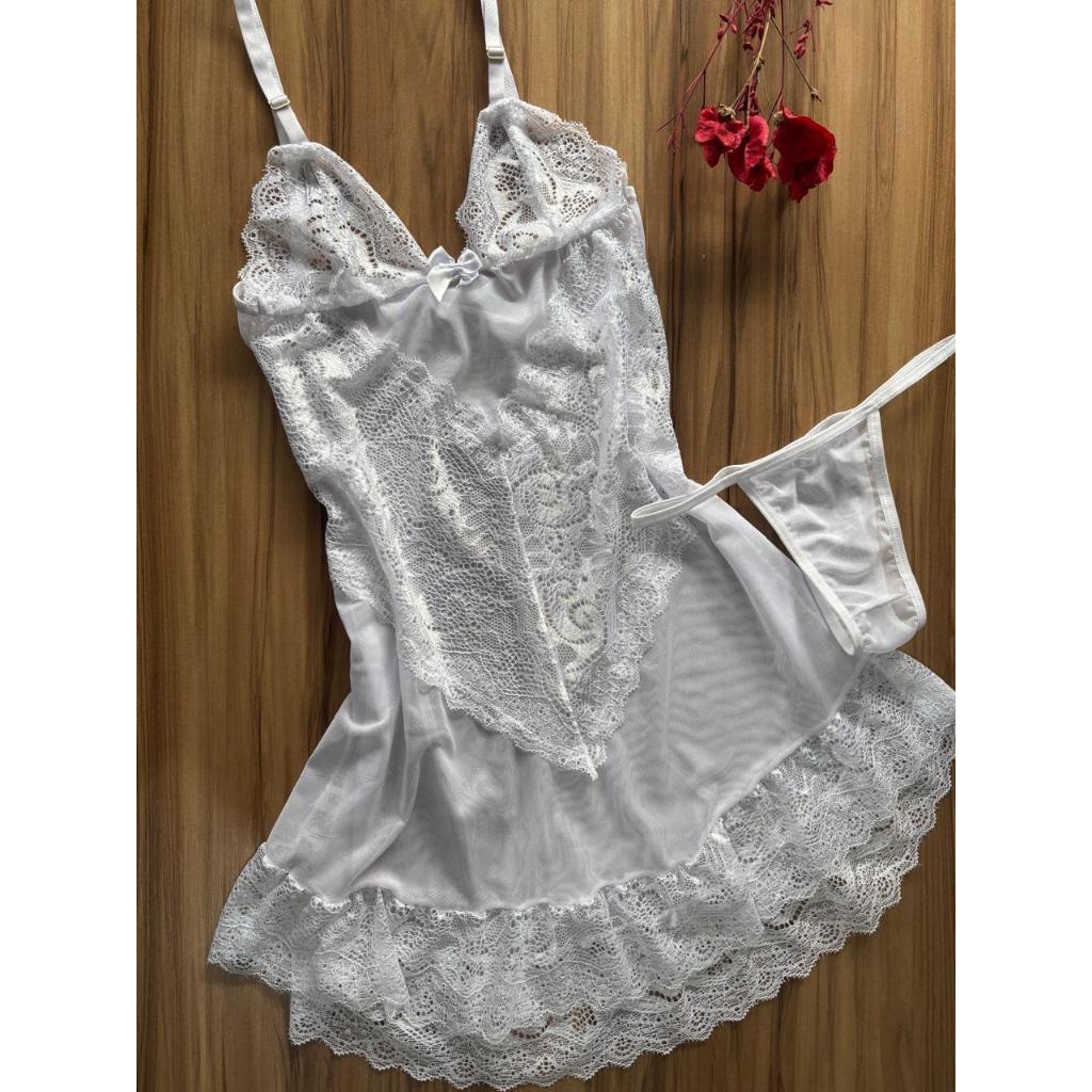 Camisola Tule Acompanha Calcinha Transparente Com Detalhe Renda em Oferta na Shopee