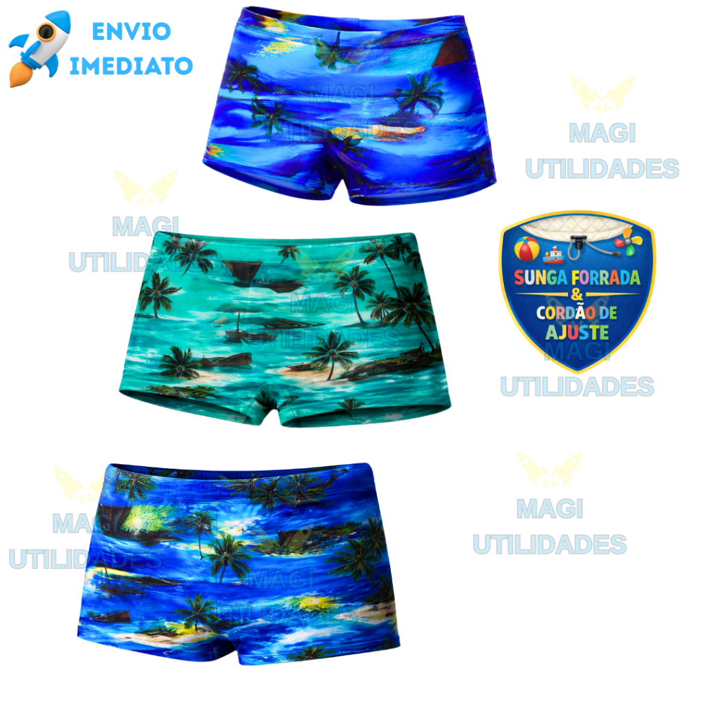Sunga Boxer Juvenil Modo Praia Estampa Forrada Box Proteção Solar Uv50+ Menino Piscina Verão