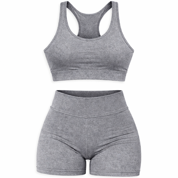 Conjunto Fitness Feminino Suplex Top e Shorts Cintura Alta Academia Cinza Alta Sustentação