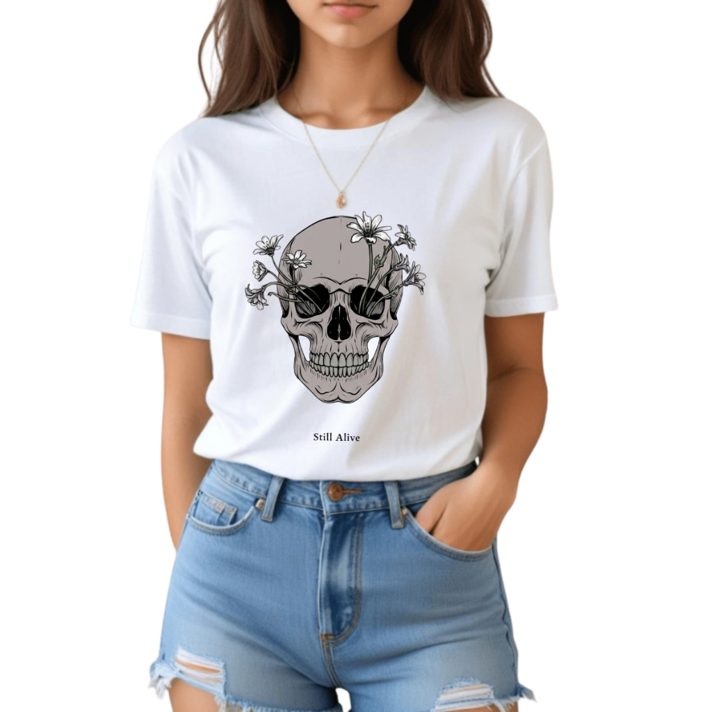 Camiseta Still Alive Caveira com Flores Estampa Dark Gótica Artística Unissex