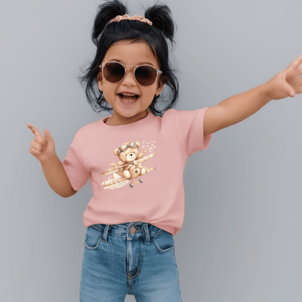 Camiseta Infantil Estampada Criança 100% Básica Manga Curta Unissex Masculina e Feminino Básica Ursinho Avião