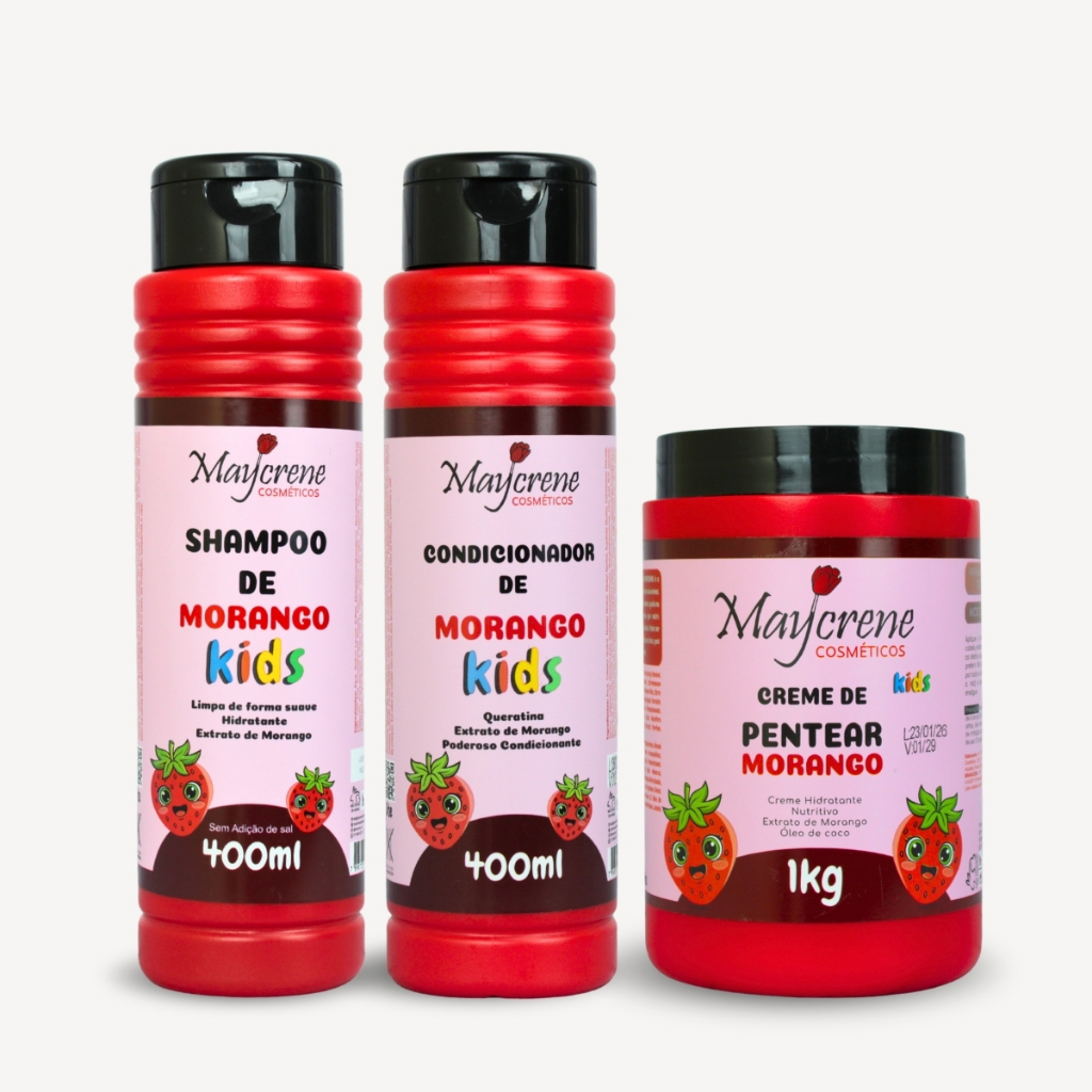 Shampoo e Condicionador Infantil Creme de Pentear Kit Capilar Infantil Maycrene Morango