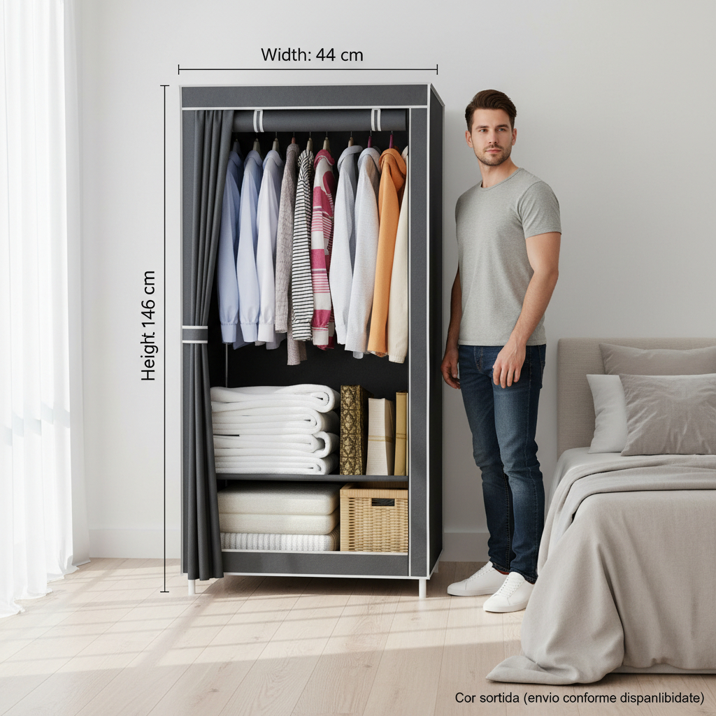 Guarda-Roupa Portátil Dobrável – Organizador de Roupas (Cabideiro + Prateleiras)