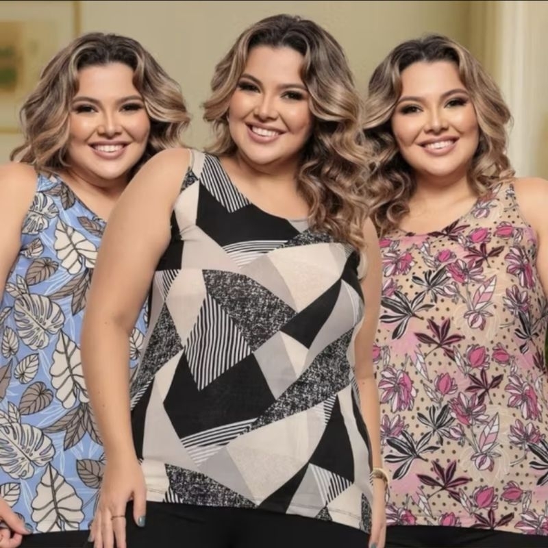 kit 3 Blusa Feminina Plus Size Regata Liganete em estampa variadas.