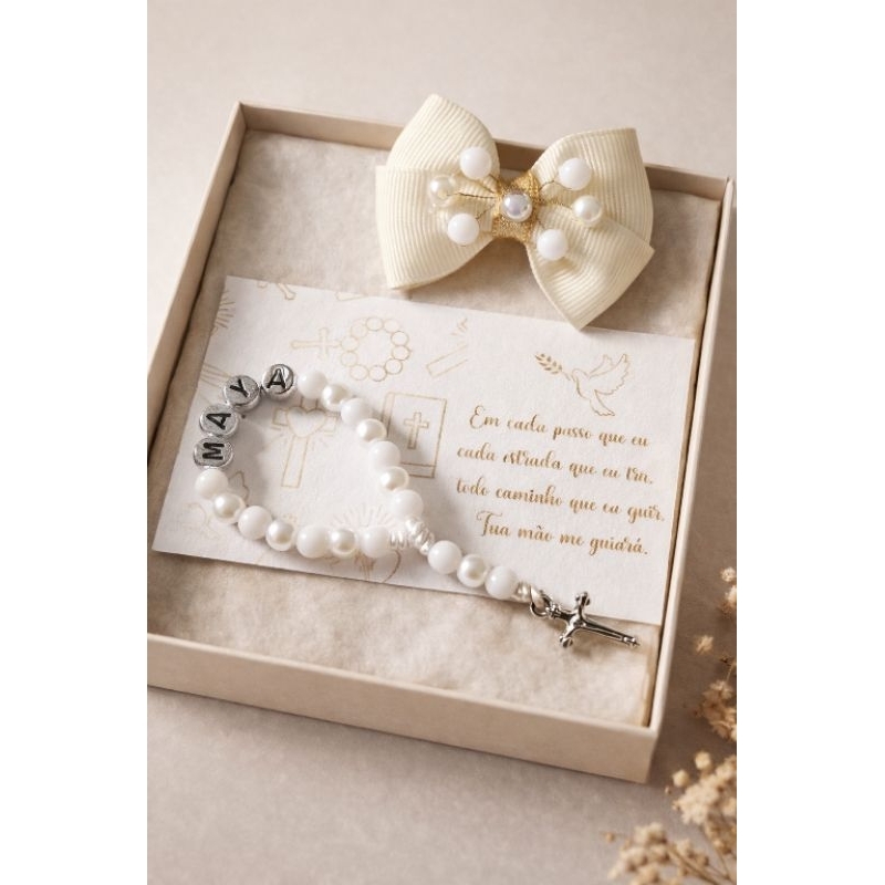 Mini Terço Personalizado com Nome + Cartão Religioso + Laço de Cabelo | Lembrancinha Batizado | Presente Religioso
