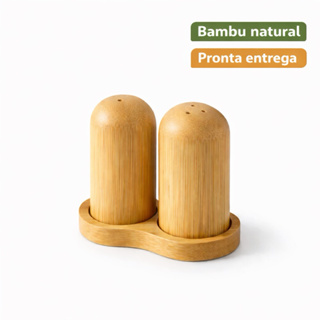 Saleiro e Pimenteiro de Bambu com Base Kit Porta Temperos Mesa Posta Área Gourmet Restaurante em Oferta na Shopee