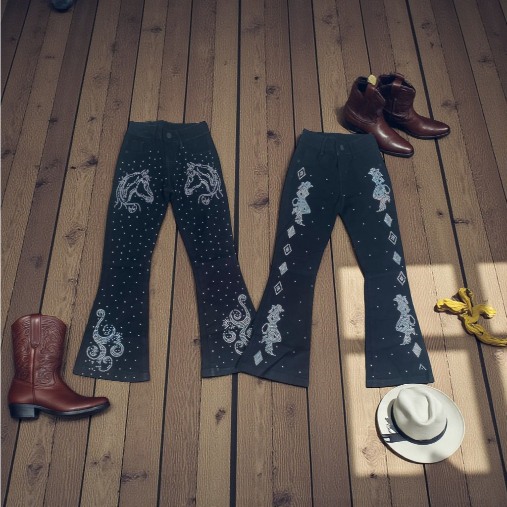 CALÇA JEANS FLARE FEMININA INFANTIL COUNTRY/RODEIO BORDADA/STRASS BOIADEIRA SURPRESA em Oferta na Shopee