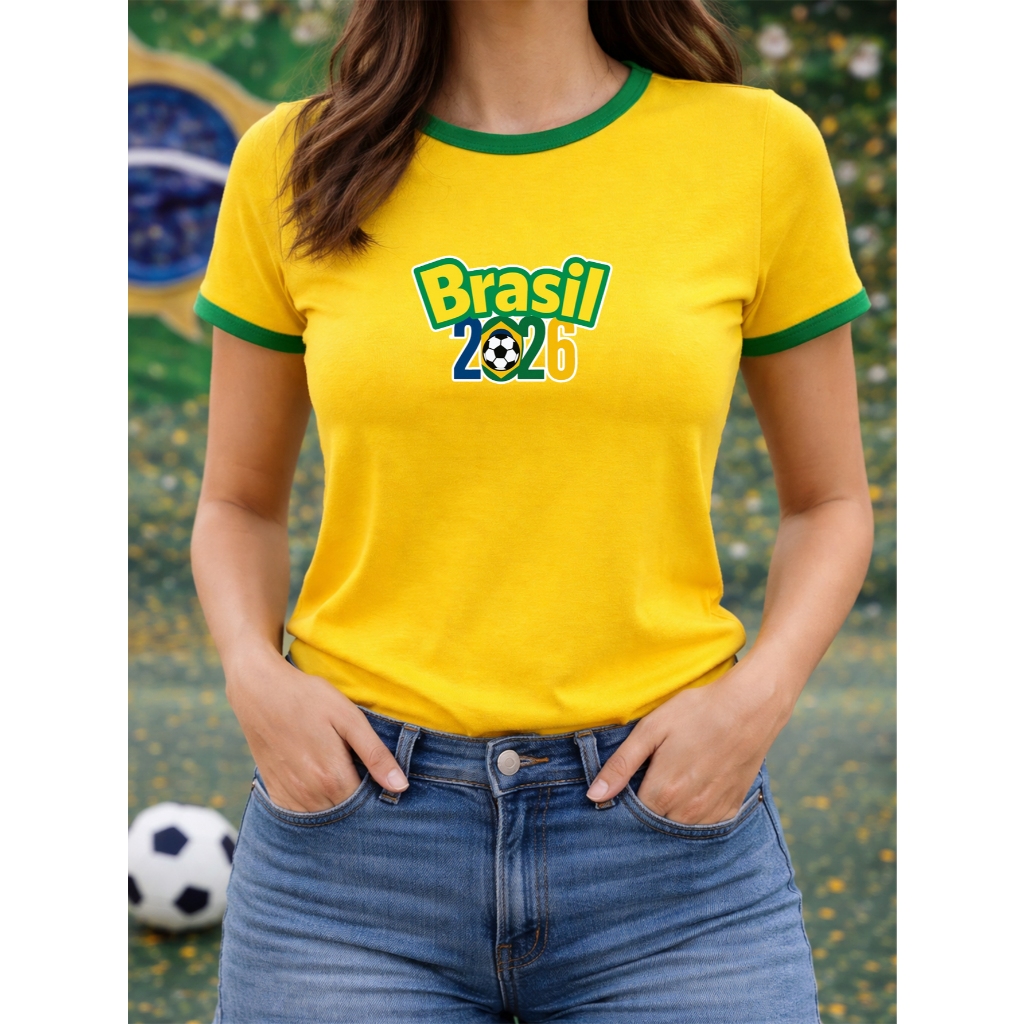 Camiseta Blusinha Feminina Babylook Copa do Mundo Brasil 2026 Brasileira Futebol 100% Algodão
