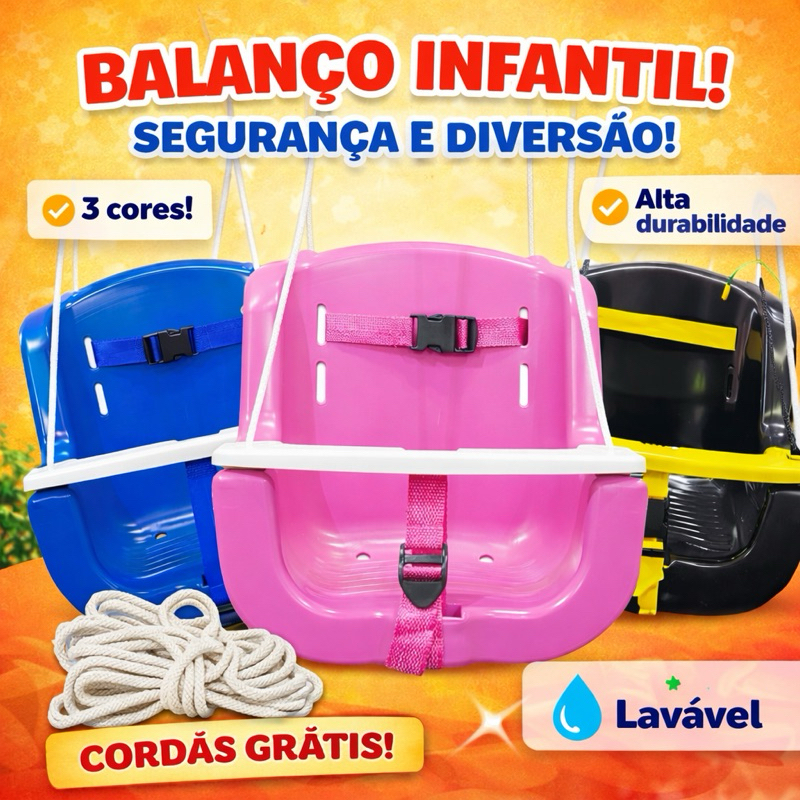 Balanço Infantil em Plástico Cadeira Suspensa Criança 31kg Confortável Reforçado Colorido