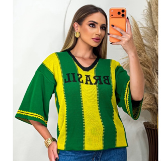 Camiseta do Brasil  Feminina de Tricô Manga Curta Decote V Copa 2026 em Oferta na Shopee