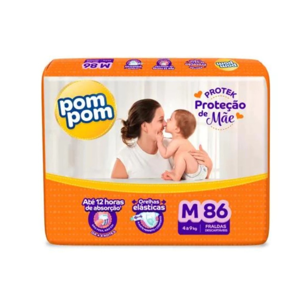 Fralda PomPom Derma Protek Hiper | Tamanho M | 86 Unidades | 4 a 9kg | Alta Absorção Até 12h em Oferta na Shopee