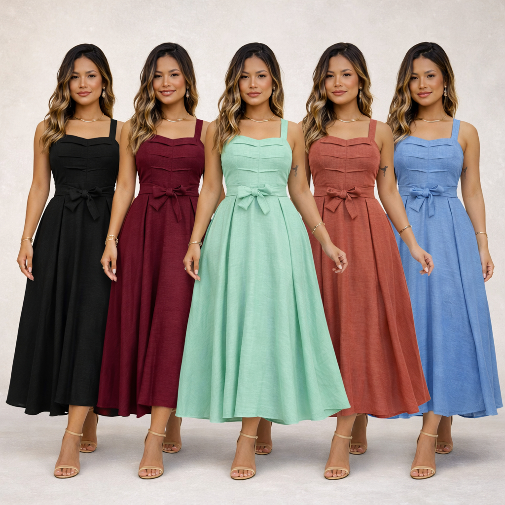 Vestido Midi Feminino Alça Duna Linho Cinto e Elastex Moda Casual Elegante Verão Vestido Feminino em Oferta na Shopee
