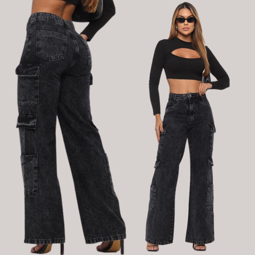 Calça Jeans Super Cargo Feminina Wide Leg Cos Alto Sem Laycra Elastano 100% Algodão Pantalona em Oferta na Shopee