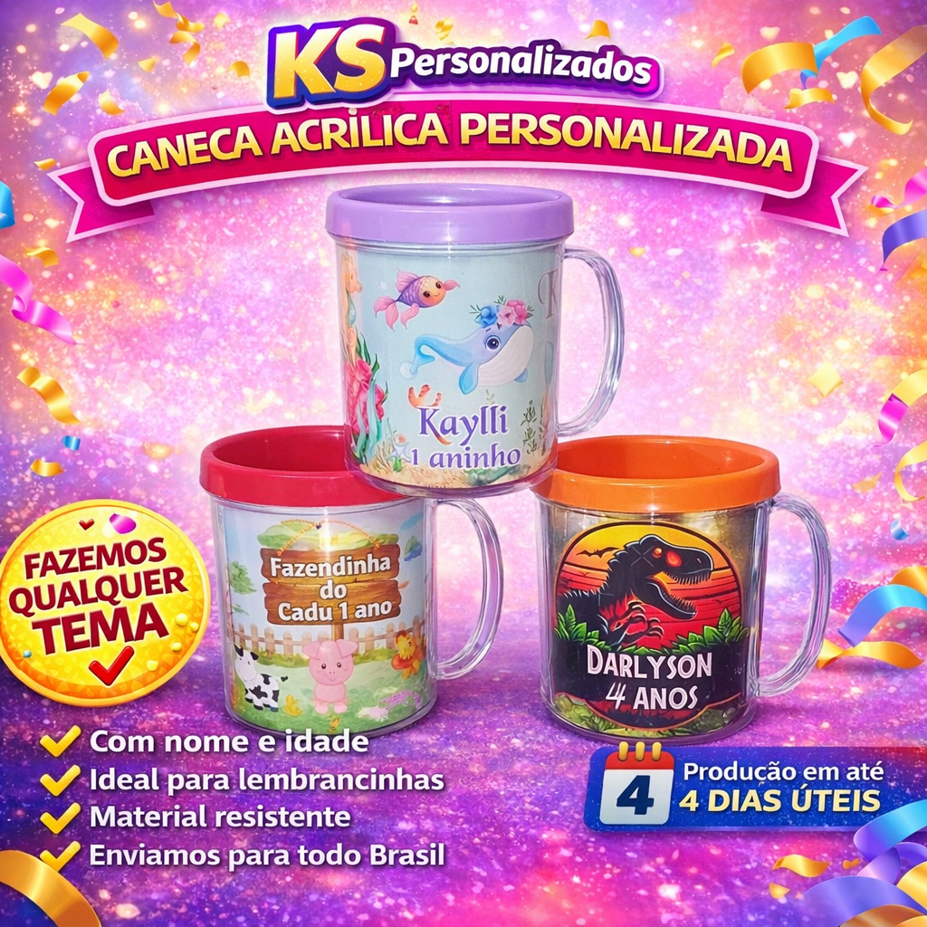KIT 10/15/20/25/30 – CANECA ACRÍLICO 350 ML ROSQUEÁVEL PERSONALIZADA – LEMBRANÇA DE ANIVERSÁRIO