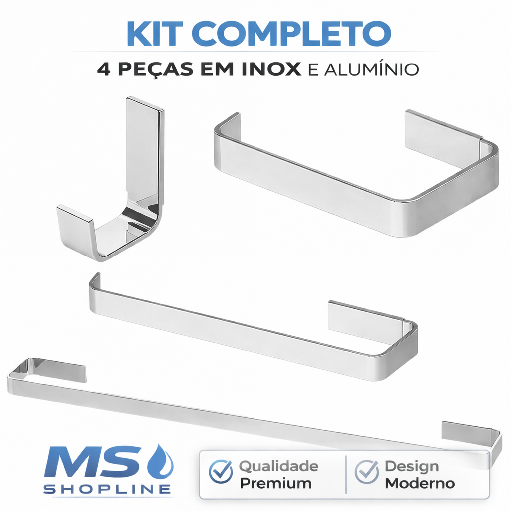Kit Banheiro 4 Peças Quadrado Cromado Acessórios Inox Completo Luxo em Oferta na Shopee