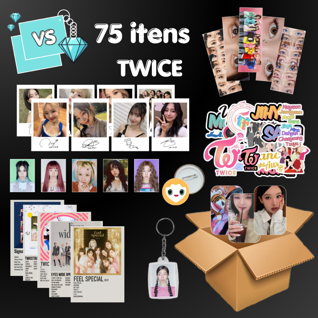 Combo Twice 75 itens Photocards, Adesivos, Bottons, Mini Fotos, Chaveiro, Posters, Cards